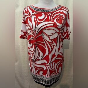 JM Collection Red White Black Floral Boat Neck Rhinestone Short Sleeve Blouse L